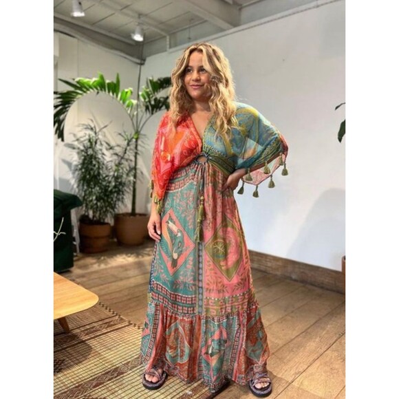 FARM Rio Dresses & Skirts - FARM Rio Multicolor Patchwork Midi Dress in Teal, Coral & Mustard